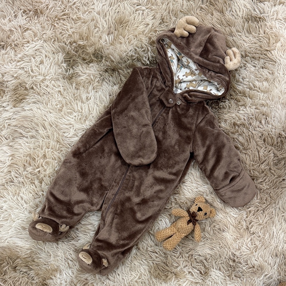 Brown Plush Baby Onesie with Antler Hood